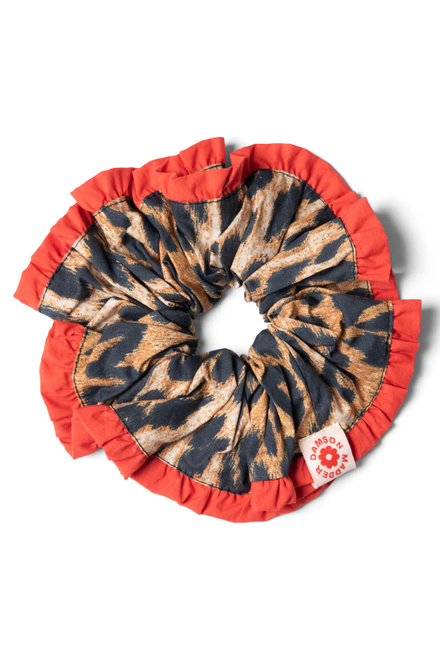 frill scrunchie in leopard with red edge