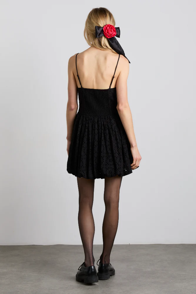 penelope embroidered bubble hem mini dress - black broderie