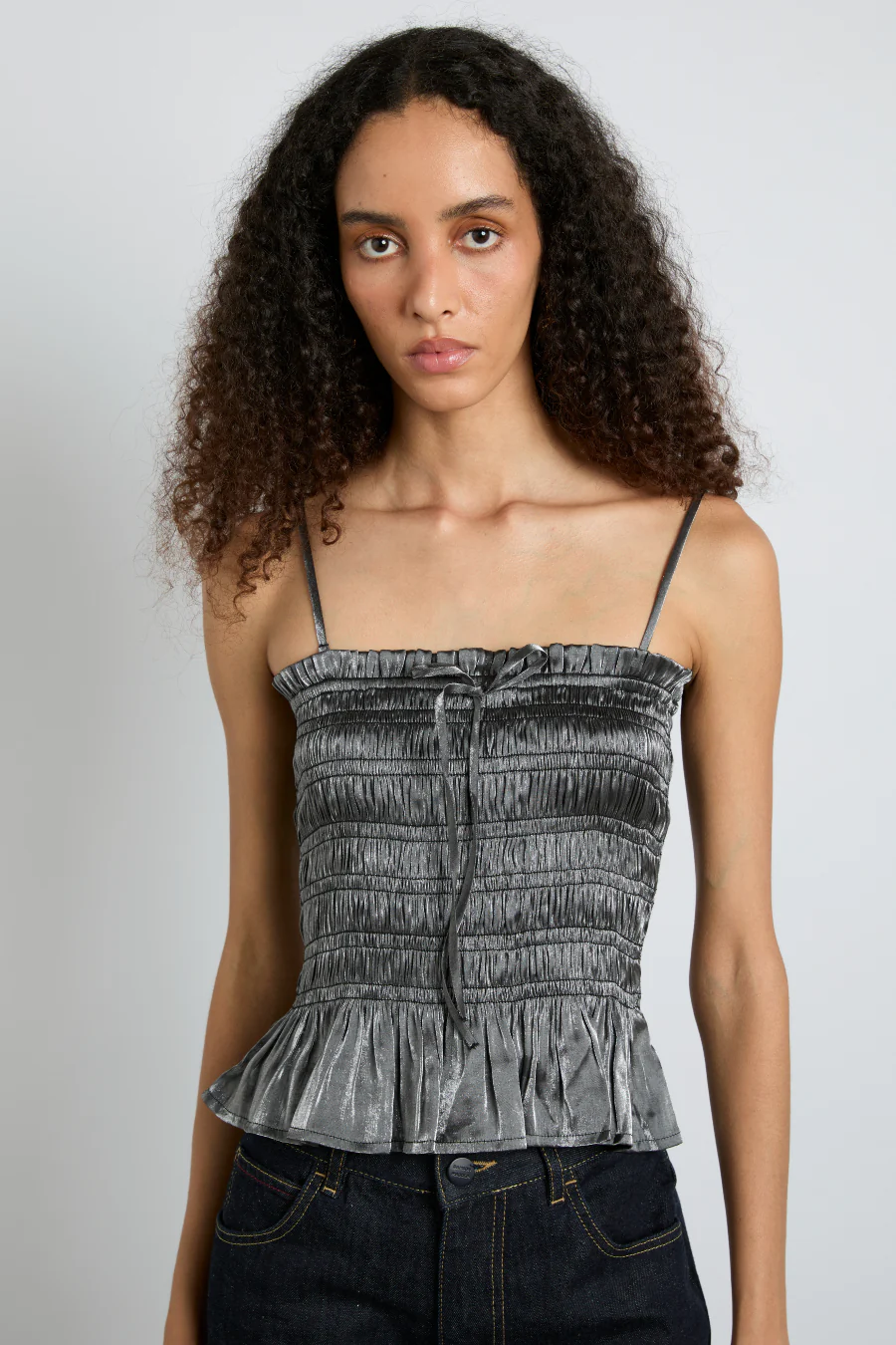 elsa shirred bardot cami - grey glass satin