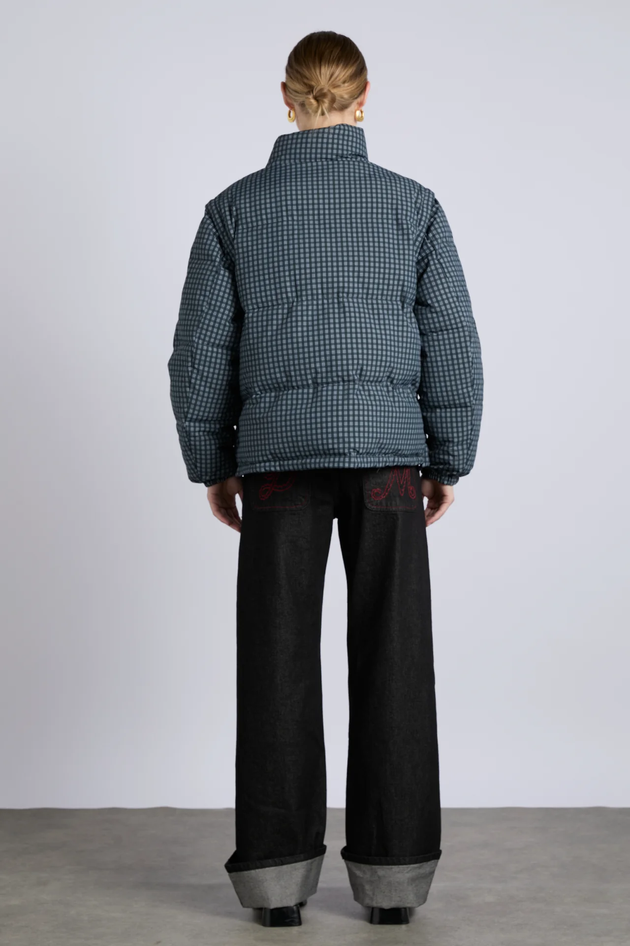 pearl check puffer - navy gingham