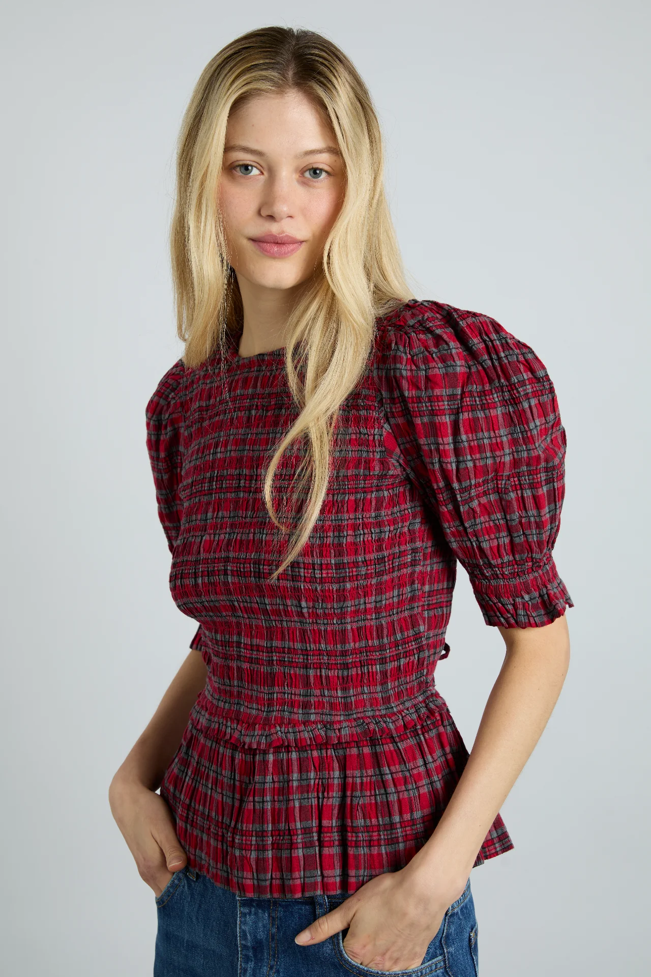 bluebelle blouse - red check