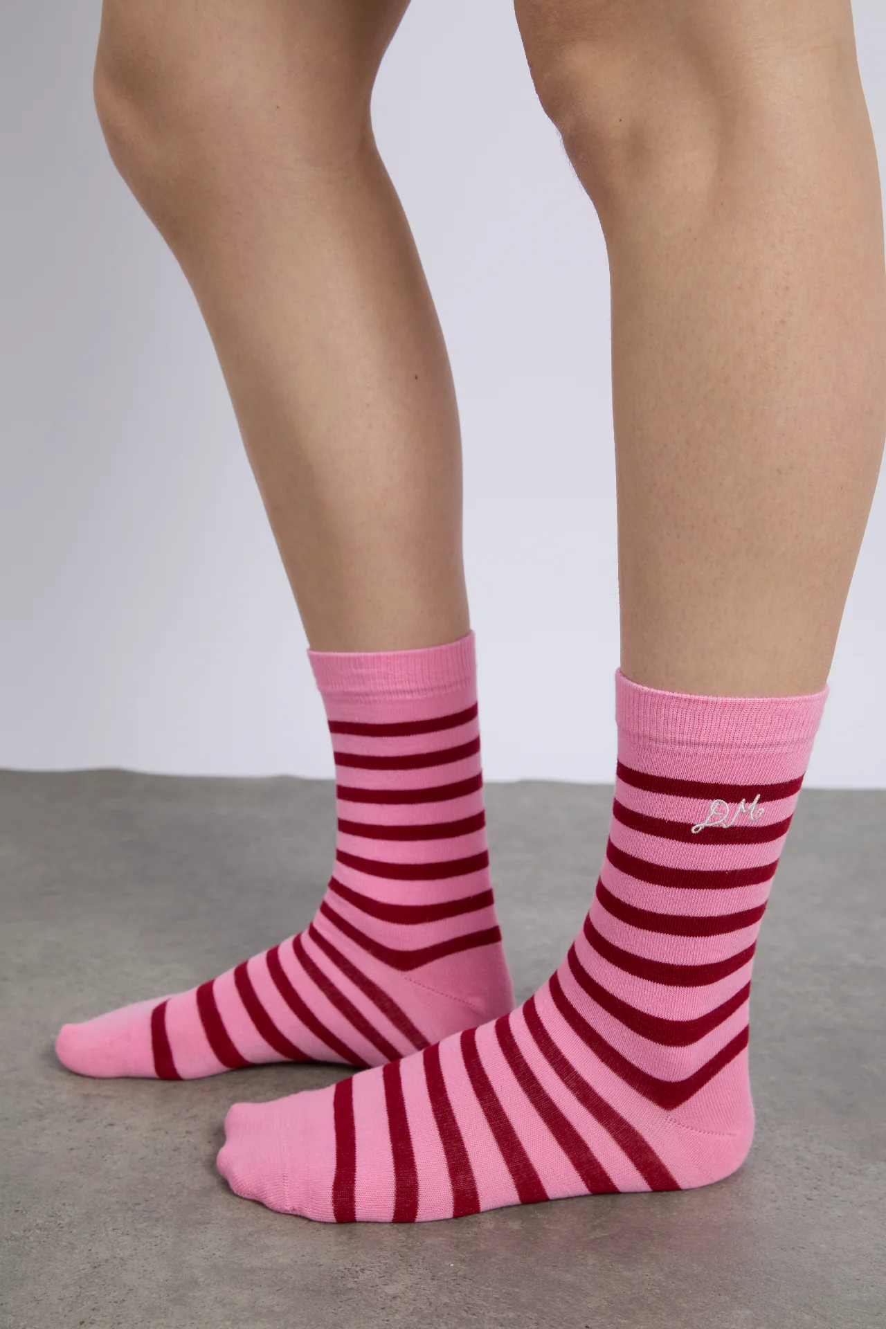 calf length socks in pink and red stripe