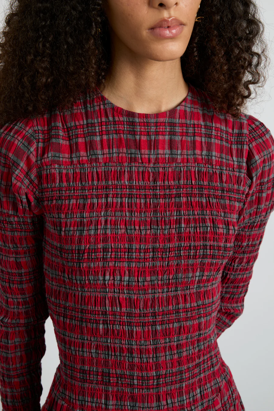 alice shirred midi dress- red check