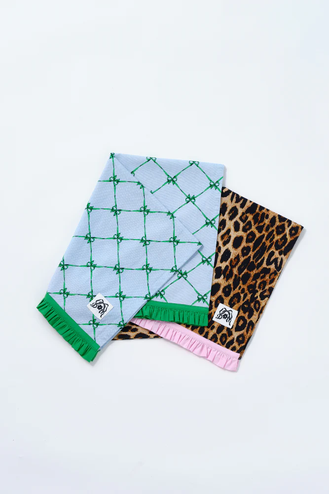 set of 2 ruffle tea towels - leopard & bow print