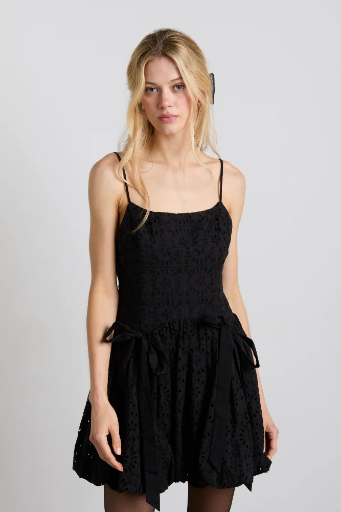 penelope embroidered bubble hem mini dress - black broderie