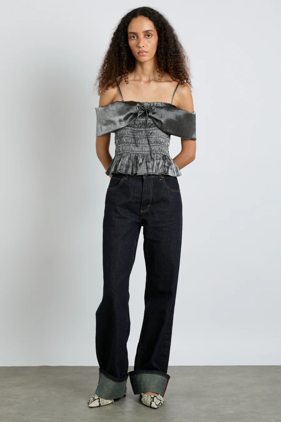 elsa shirred bardot cami - grey glass satin