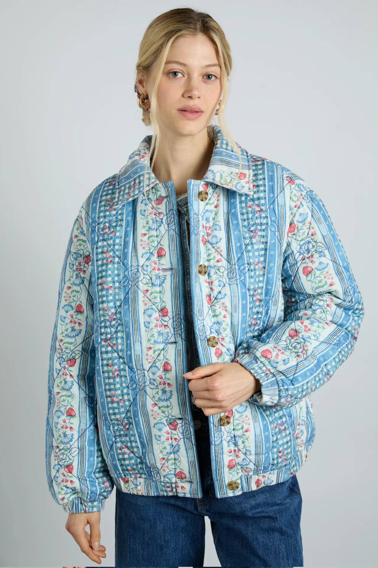 reversible claudia jacket- blue stripe & wallpaper floral