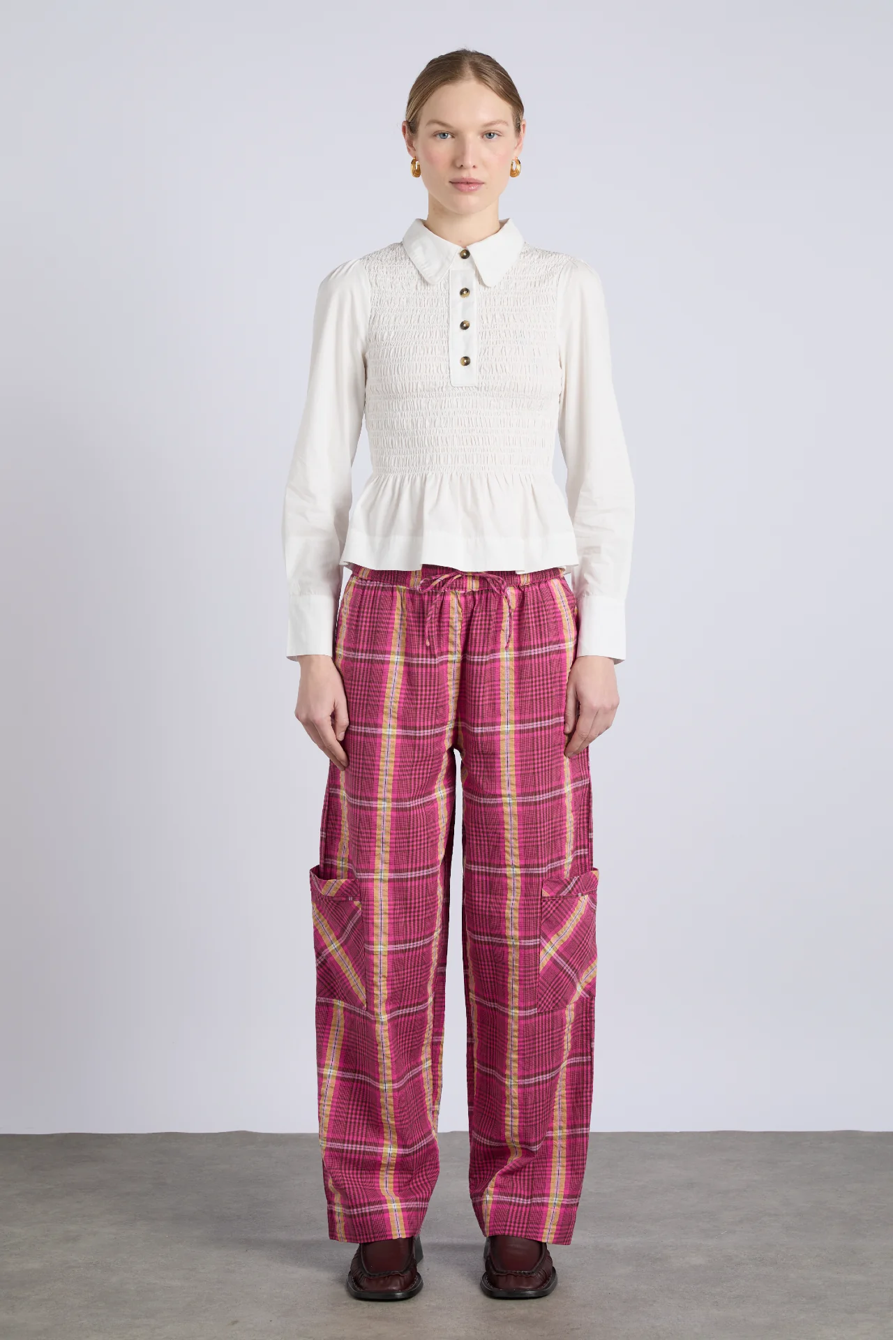harrison trouser - pink/khaki check
