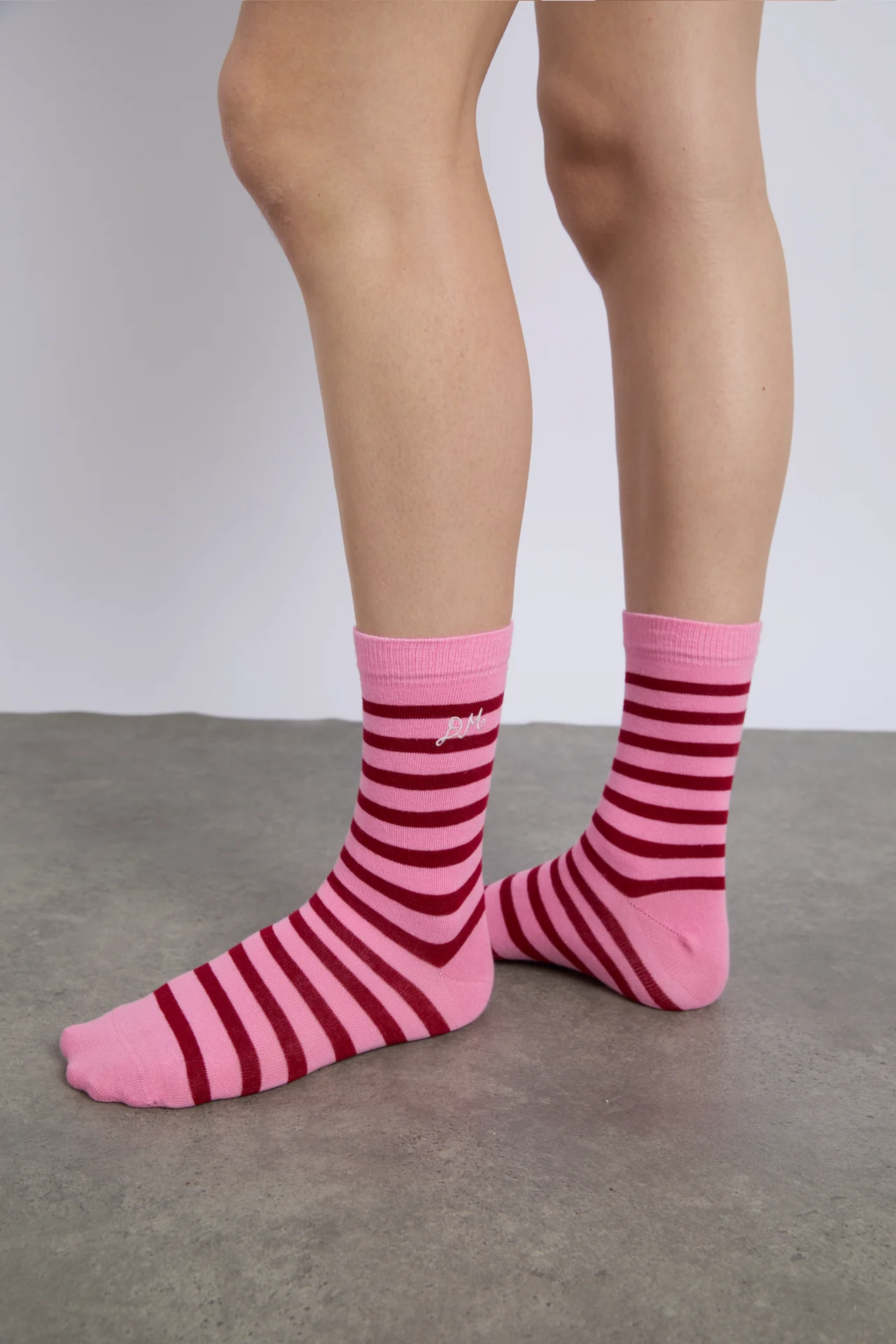calf length socks in pink and red stripe