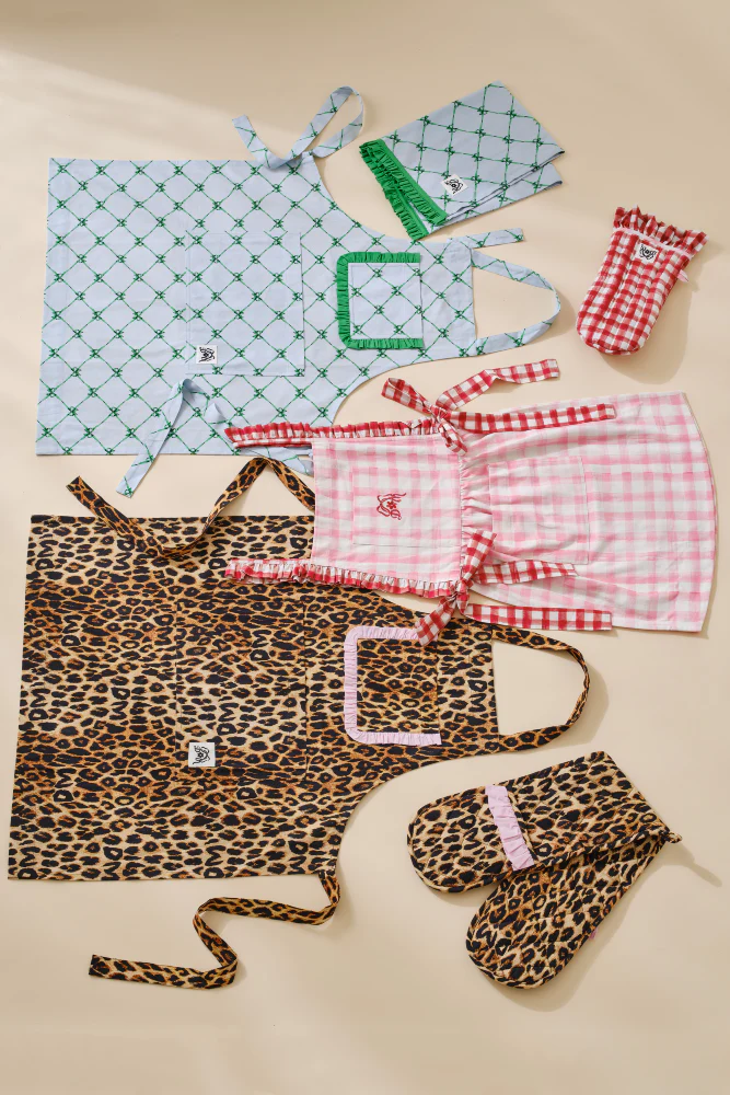 valerie apron - green & blue bow