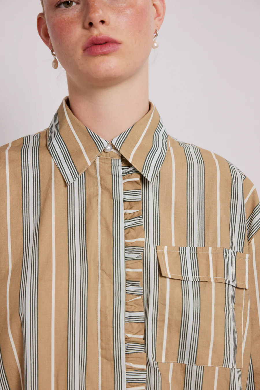 kylie ruffle shirt - tan stripe