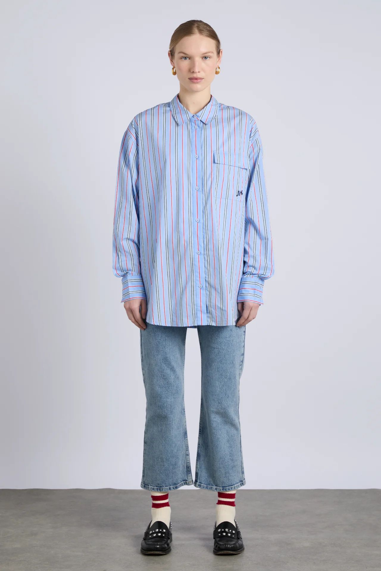 kendall ruffle shirt- bold blue stripe