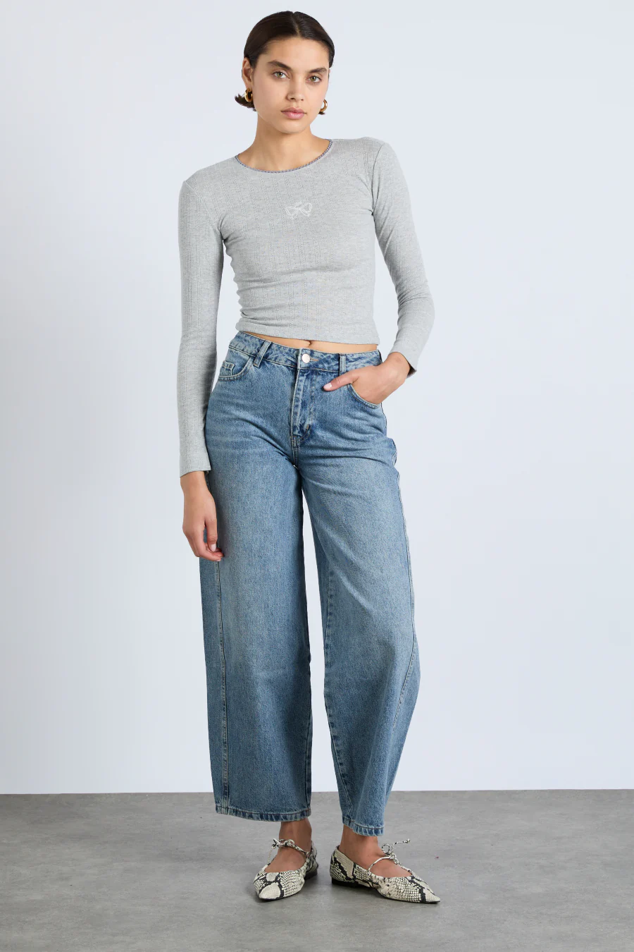 lua long sleeve pointelle top - grey marl