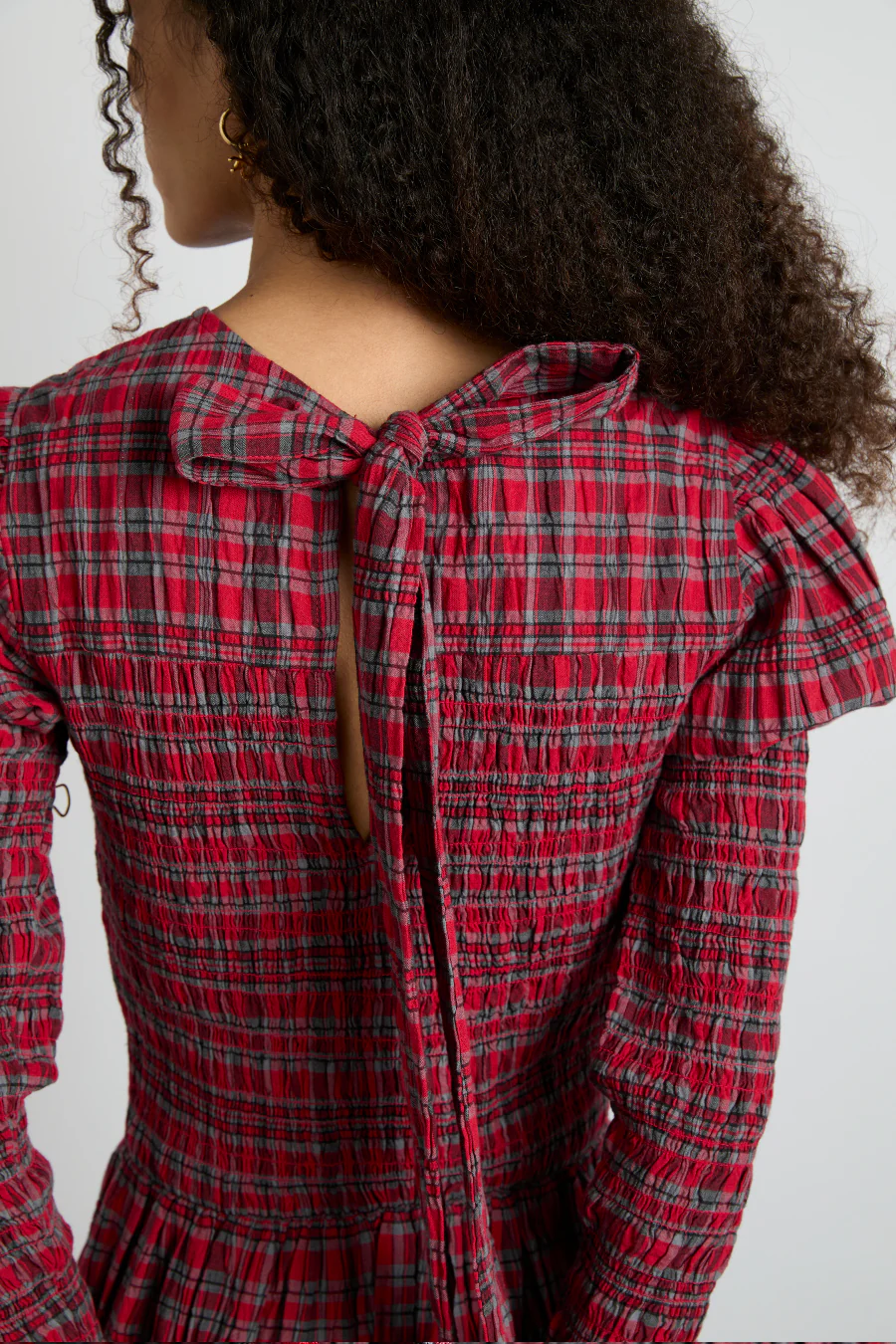 alice shirred midi dress- red check