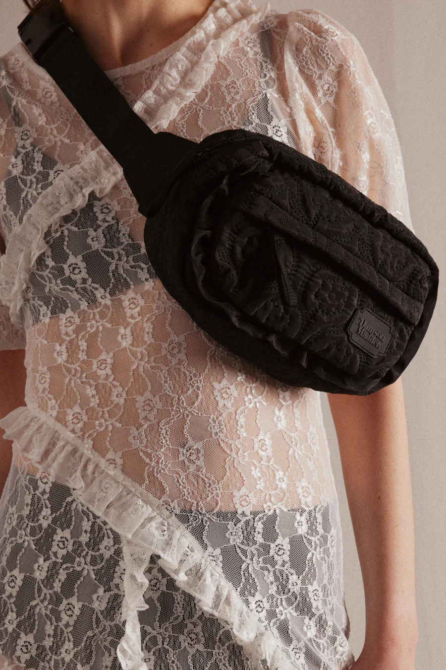 frill cross body bag in black floral stitch