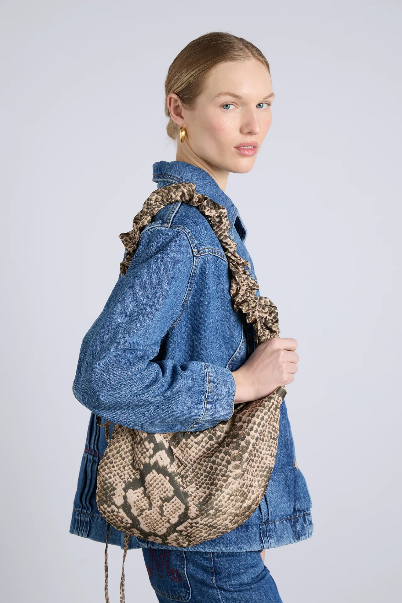 ruched kidney bag in snake print