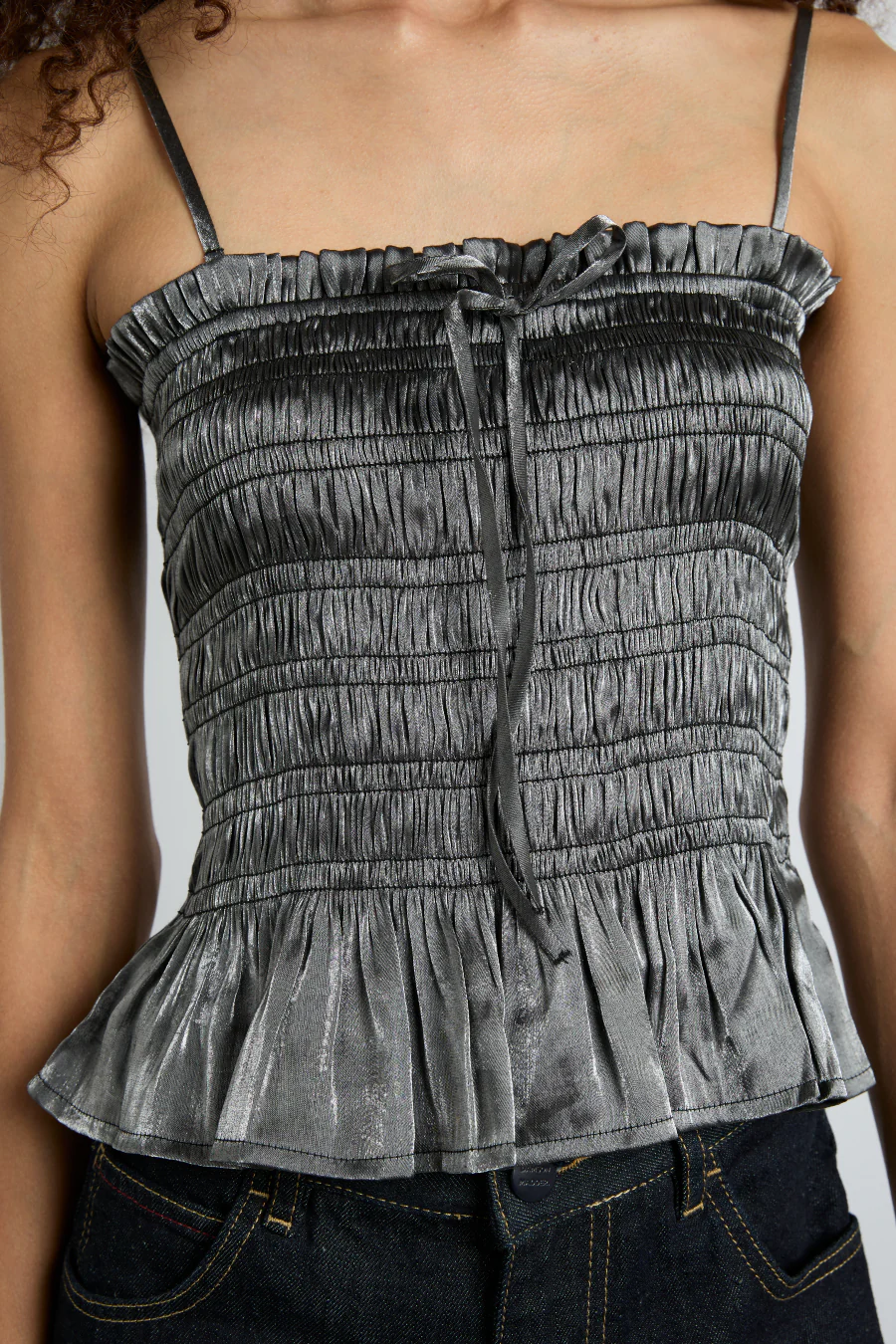 elsa shirred bardot cami - grey glass satin