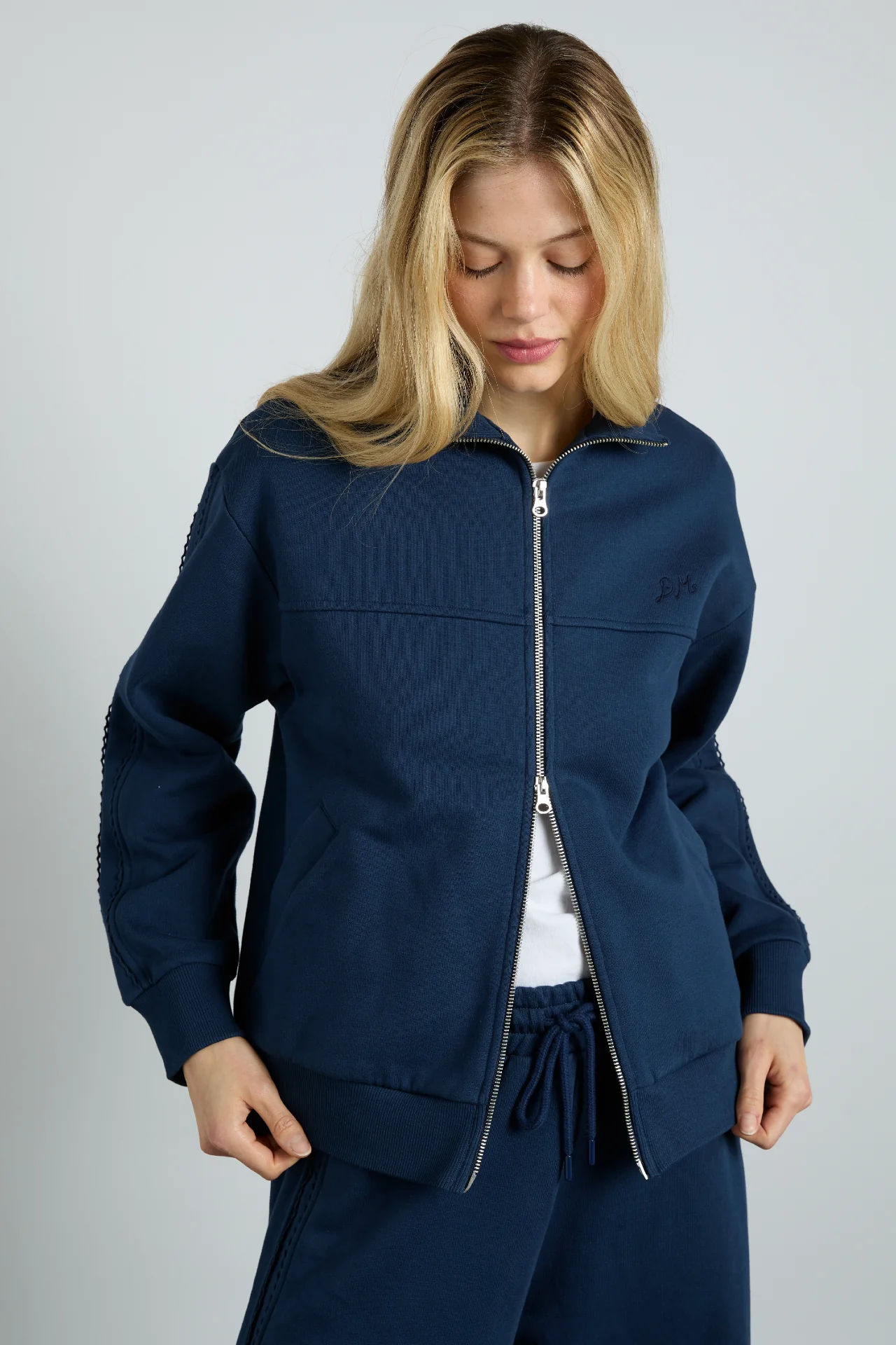 andie zip sweat with  crochet stripe - navy