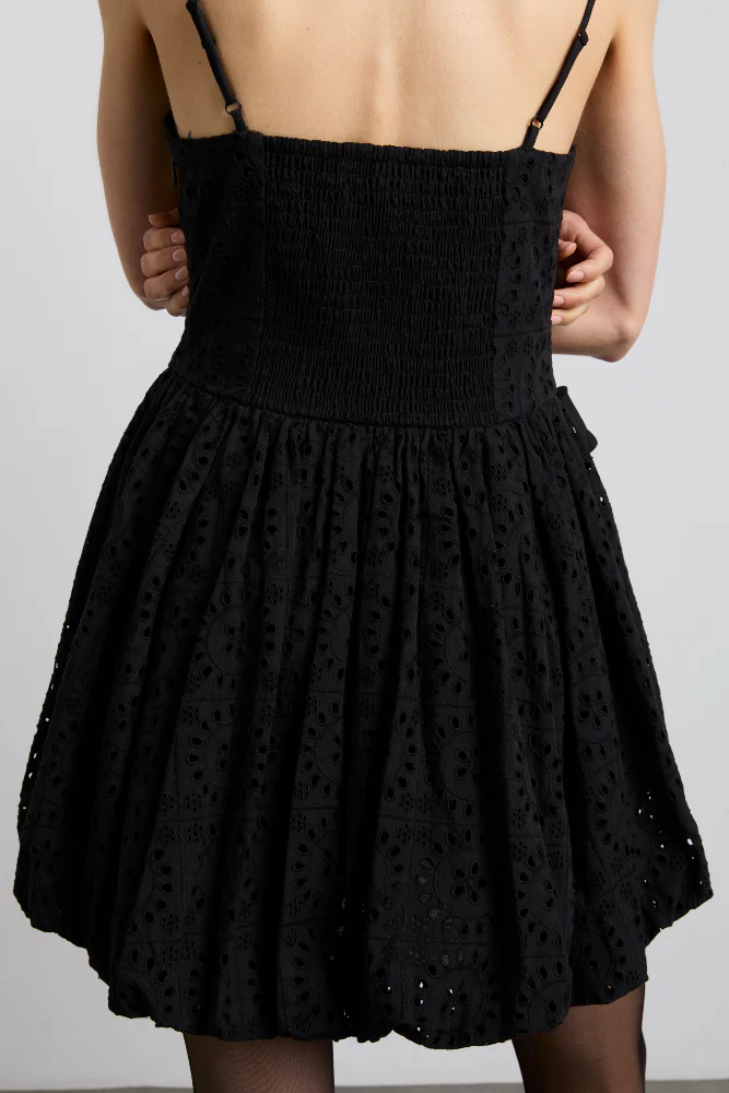 penelope embroidered bubble hem mini dress - black broderie