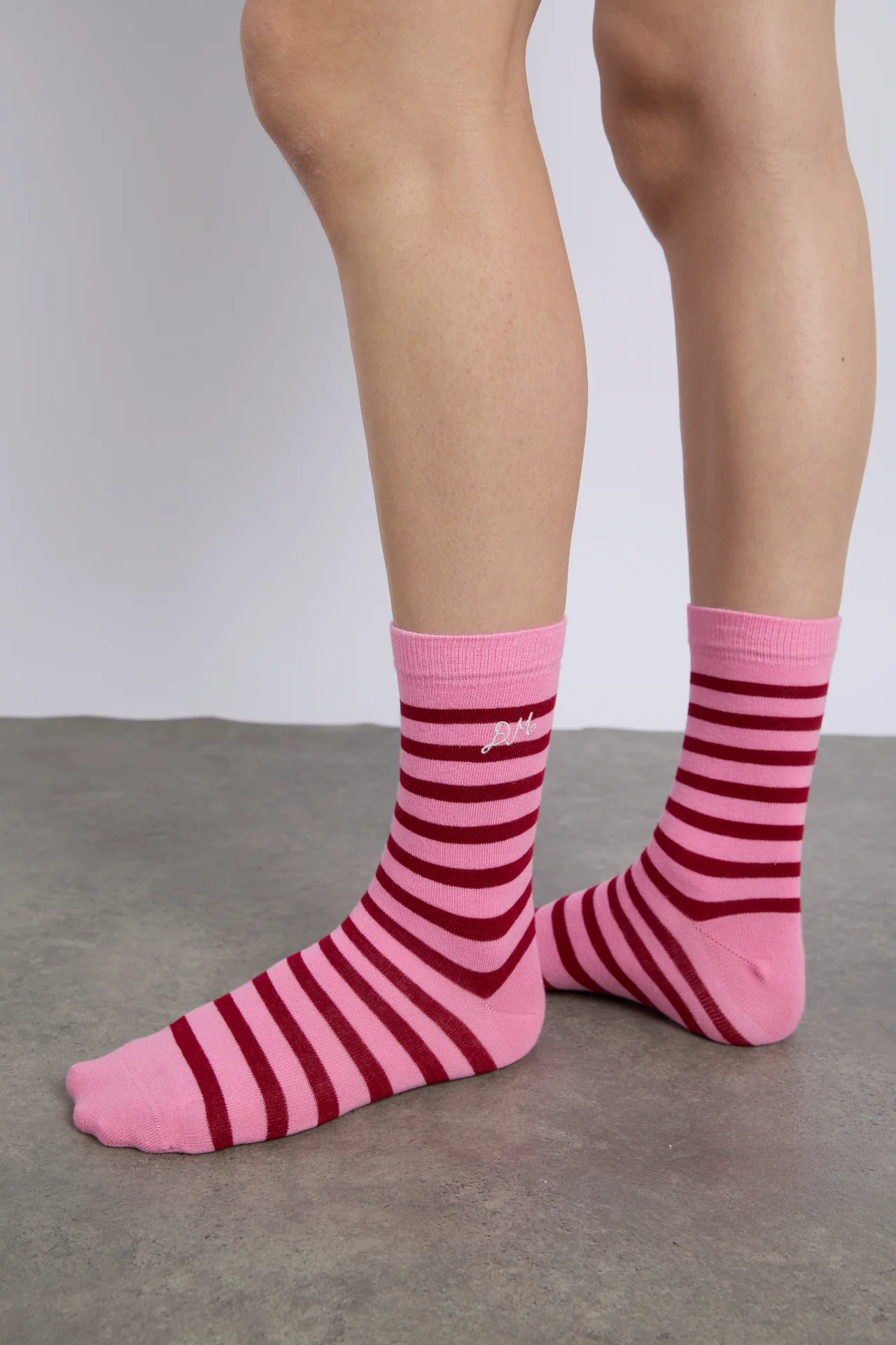 calf length socks in pink and red stripe
