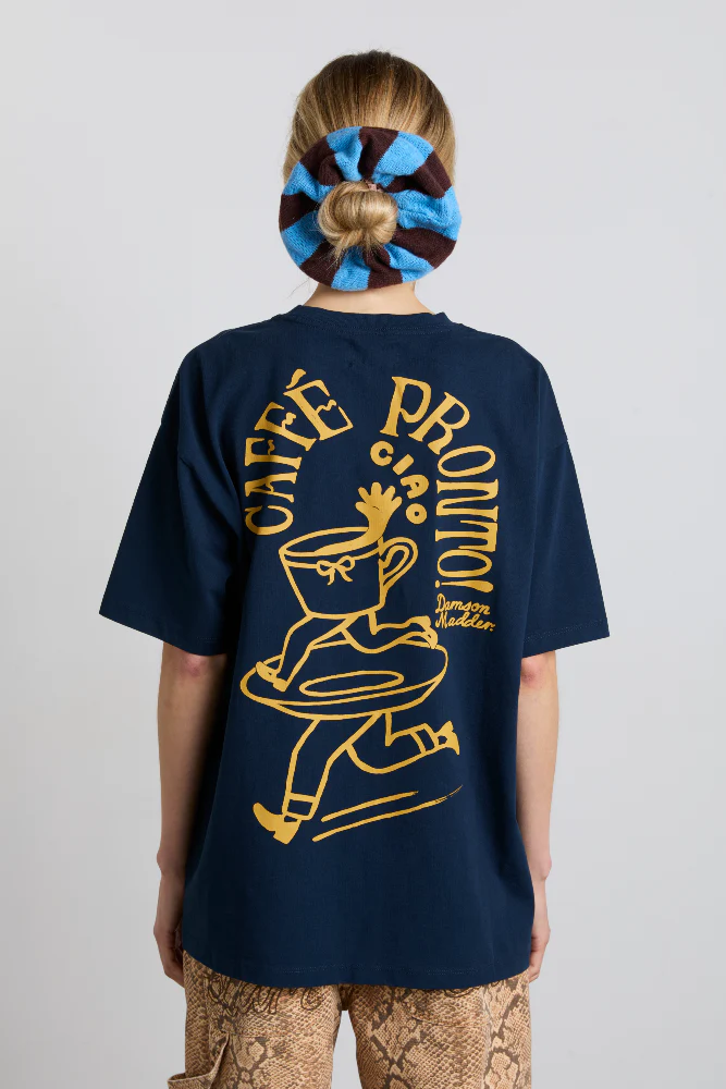 knitted scrunchie in choc & blue stripe