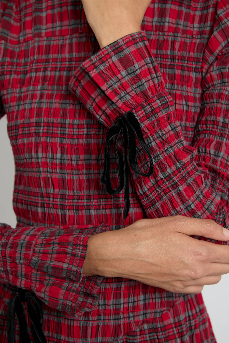 alice shirred midi dress- red check