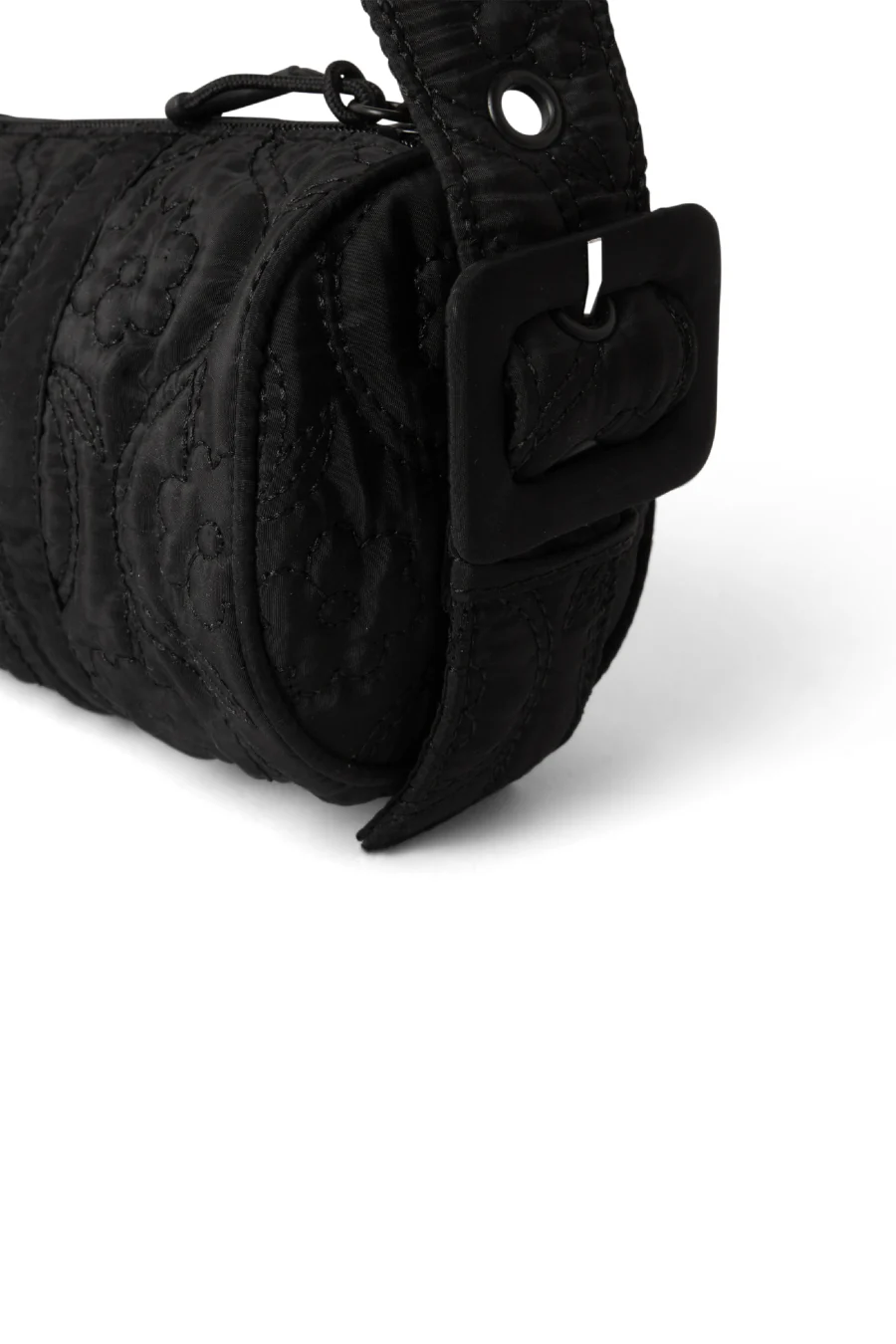 barrel bag in black floral stitch
