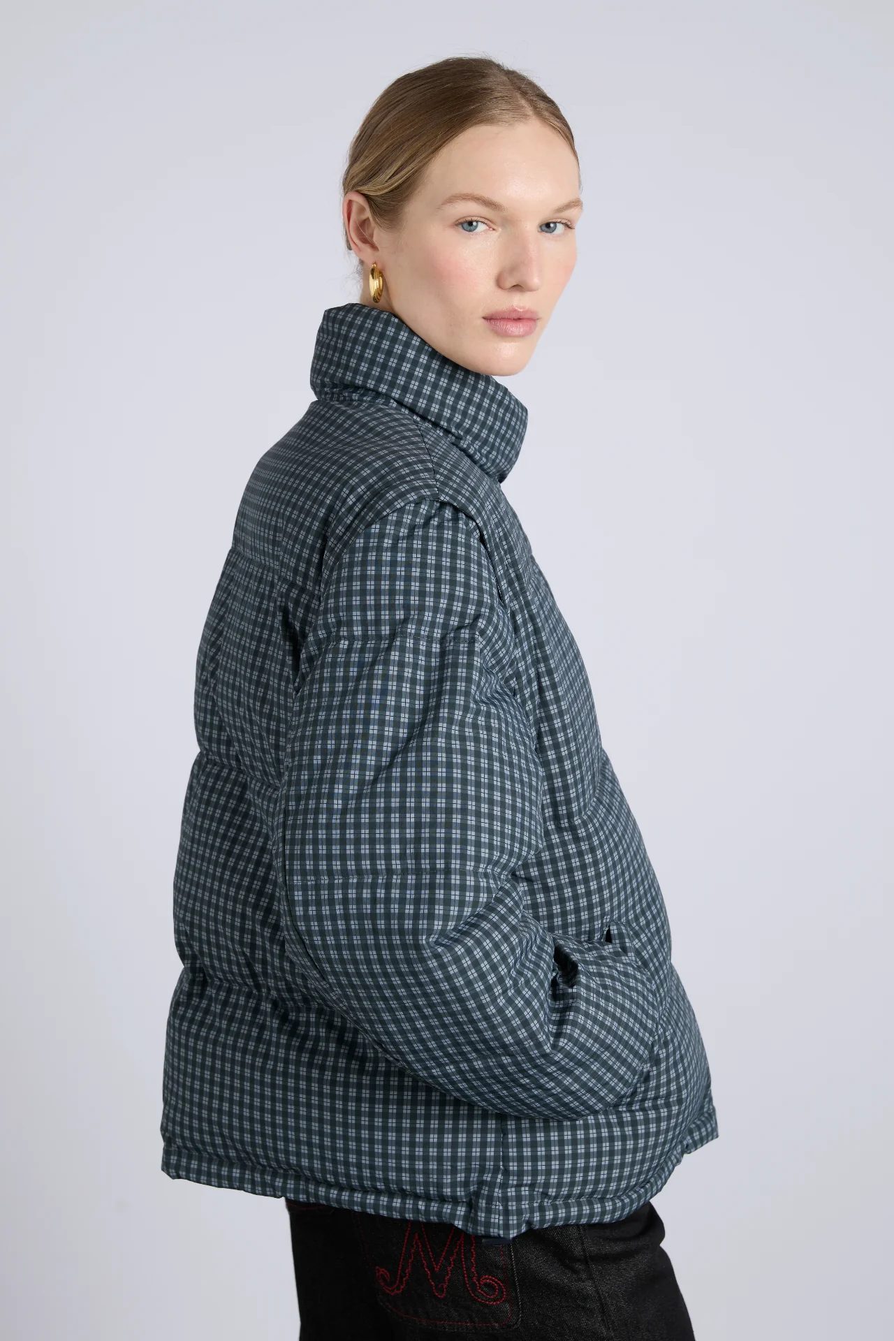 pearl check puffer - navy gingham