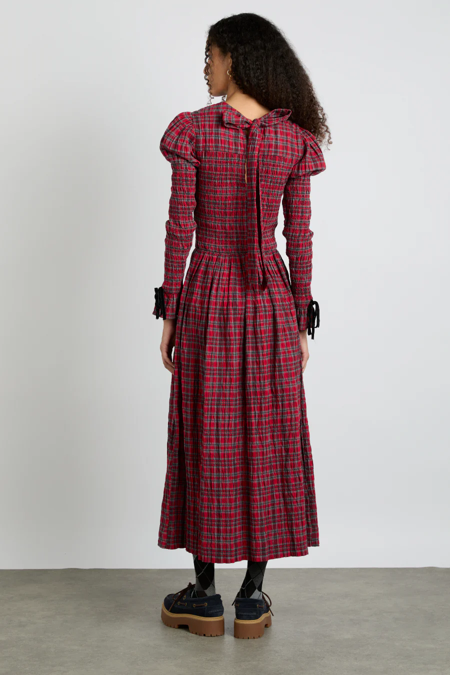 alice shirred midi dress- red check
