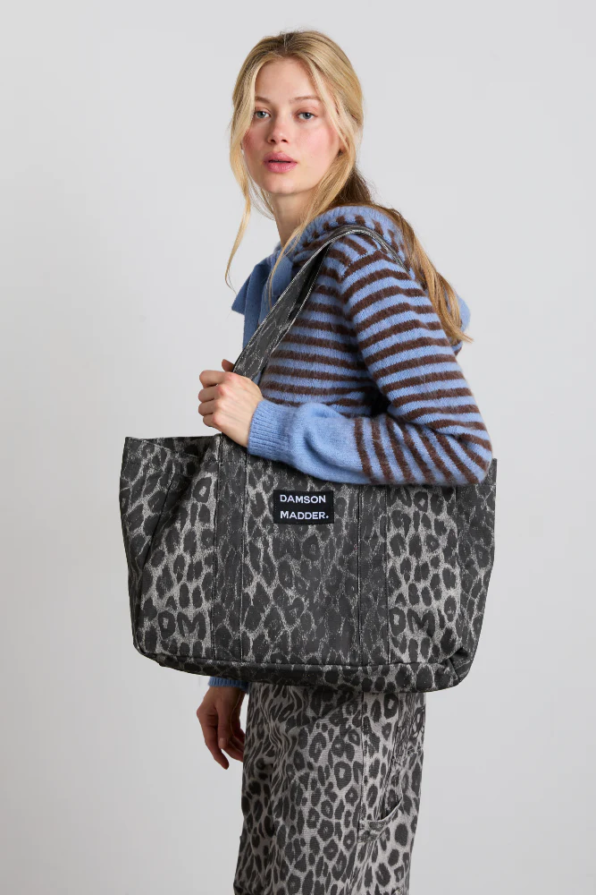 canvas tote bag in grey leopard print