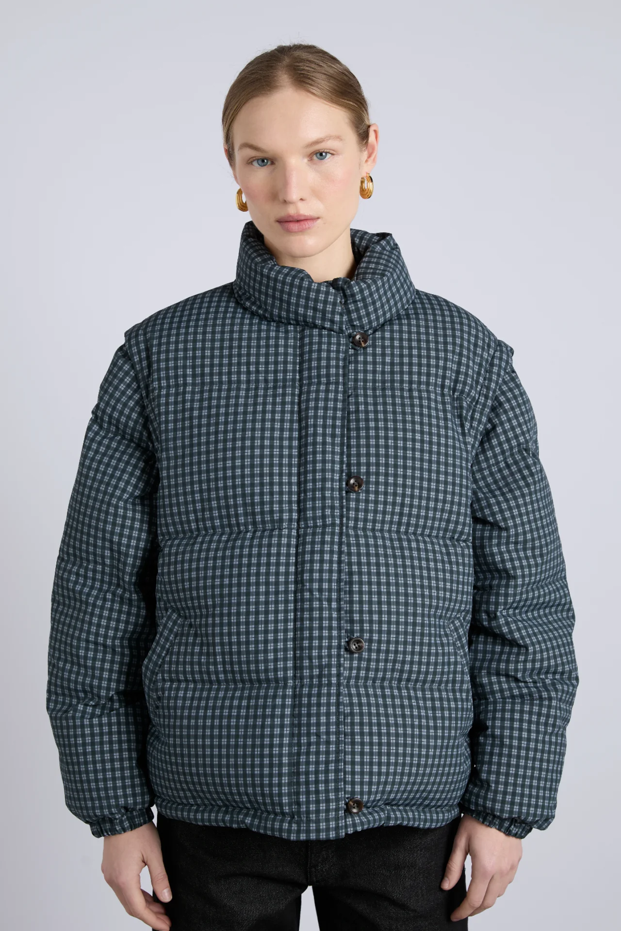 pearl check puffer - navy gingham