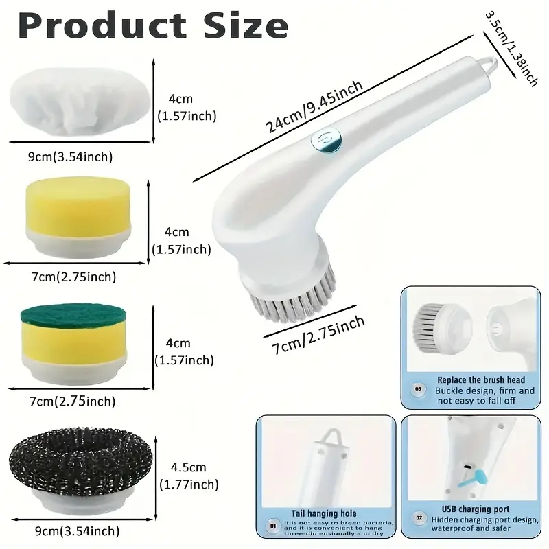 7pcs Electric Spin Scrubber, Cordless Handheld Cleaning Brush With 5 Replaceable Brush Heads, USB Rechargeable 360°Power Scrubber Mop For Wall Bathtub