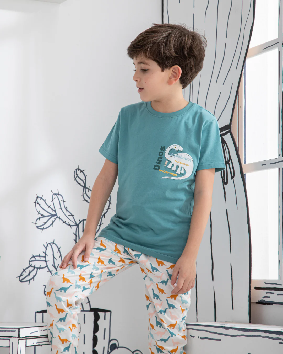 Dinos بيجاما اطفالي اولادي نص كم وبنطلون قطن