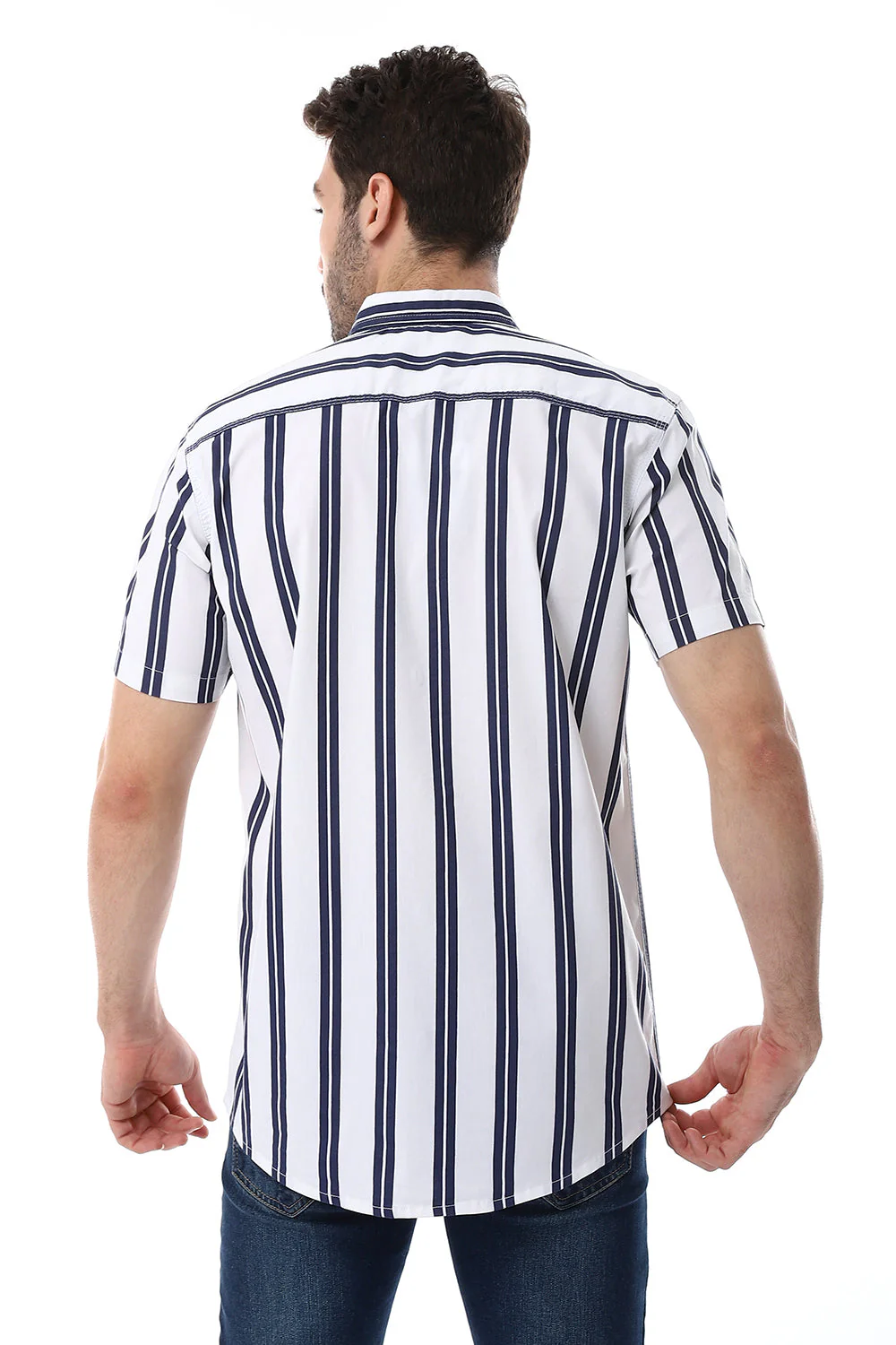 Striped Pattern Short Sleeves Shirt - White & Cider Brown