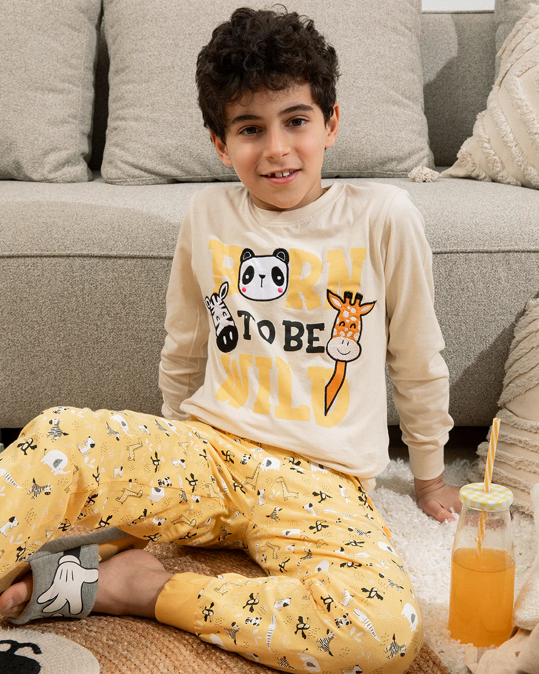 Born to be wild بيجاما اطفالي اولادي كم طويل قطن% *بنطلون قطن مطبوع