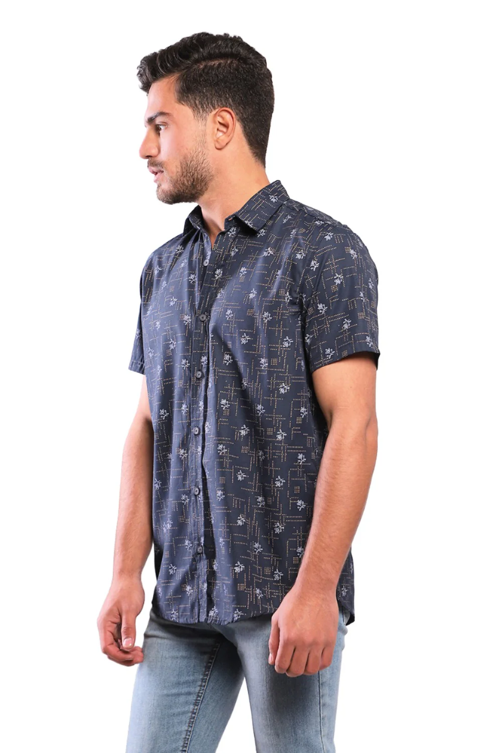 Branches & Dots Short Sleeves Shirt - Navy Blue, Coffee