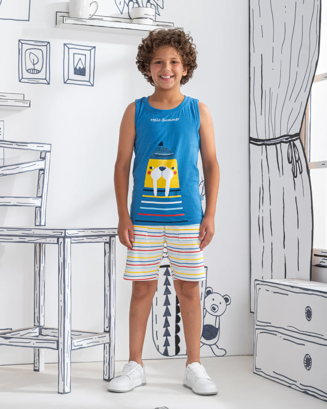 Hello Summer بيجاما اطفالي اولادي تيشرت كت وشورت قطن