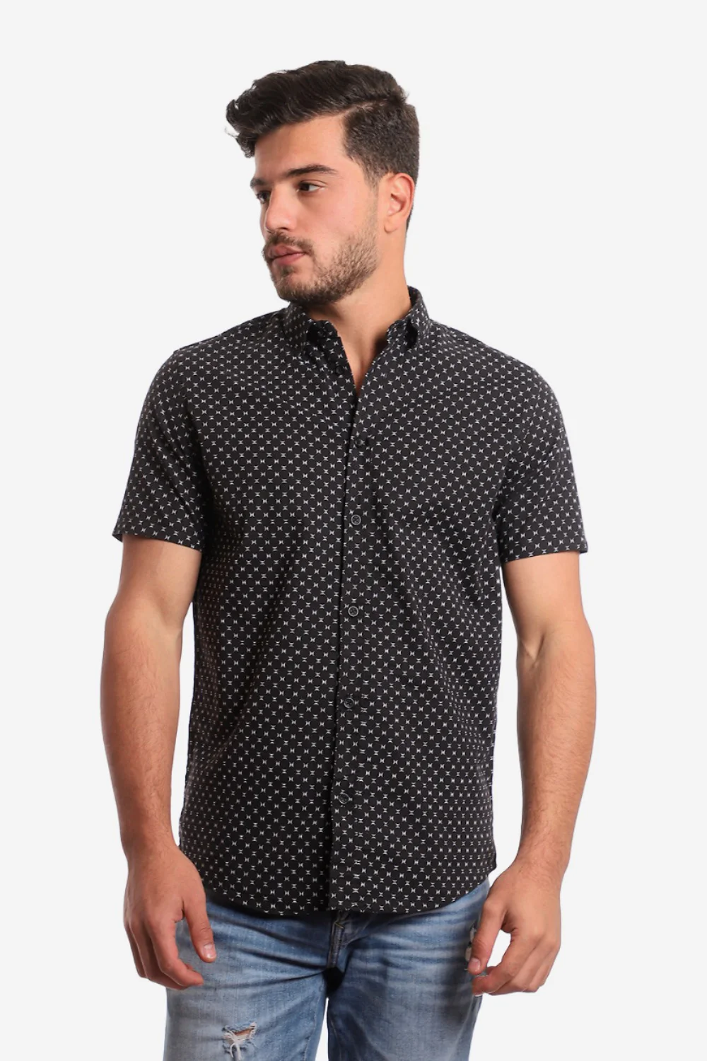 Opposite Brackets Patterned Short Sleeves Shirt - Black & White