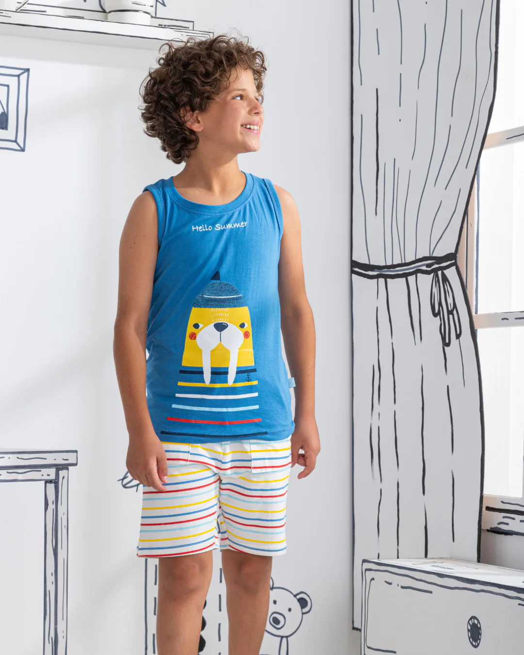 Hello Summer بيجاما اطفالي اولادي تيشرت كت وشورت قطن