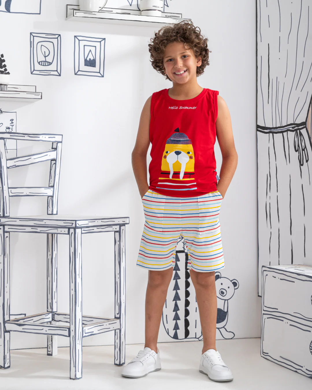 Hello Summer بيجاما اطفالي اولادي تيشرت كت وشورت قطن