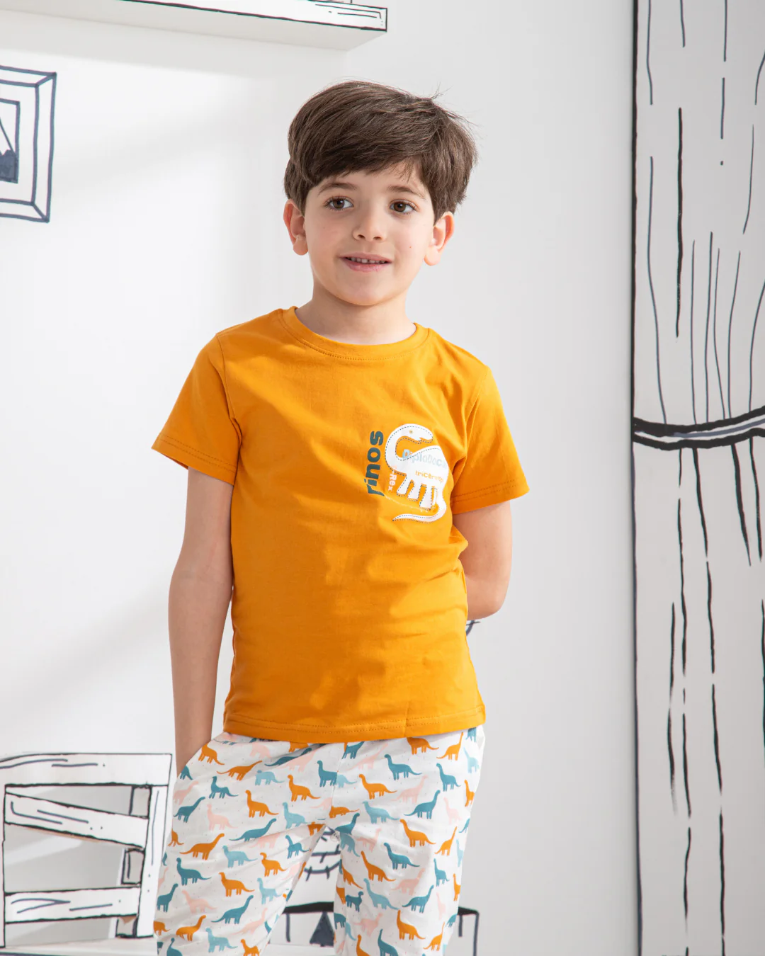 Dinos بيجاما اطفالي اولادي نص كم وبنطلون قطن