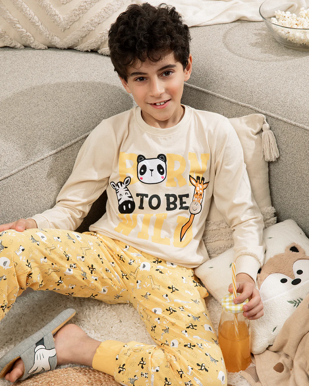 Born to be wild بيجاما اطفالي اولادي كم طويل قطن% *بنطلون قطن مطبوع