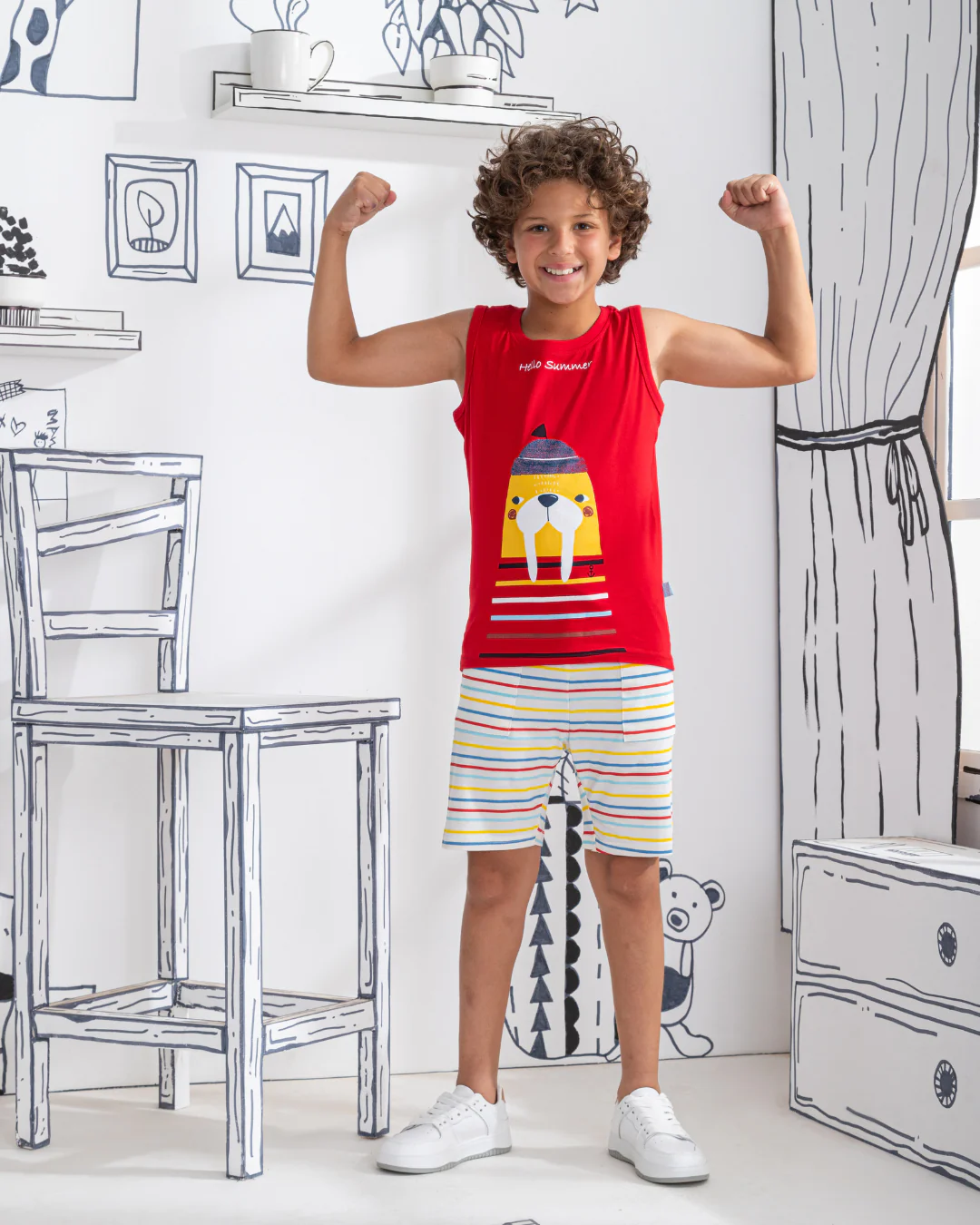 Hello Summer بيجاما اطفالي اولادي تيشرت كت وشورت قطن