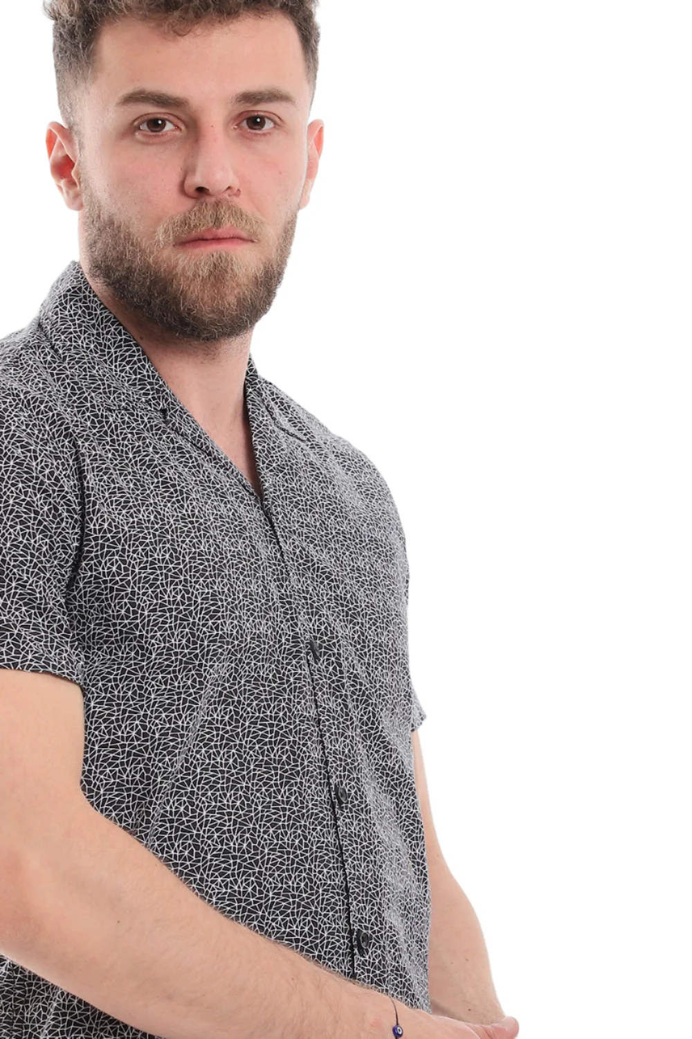 Classic Printed Short Sleeves Button Down Shirt - Black