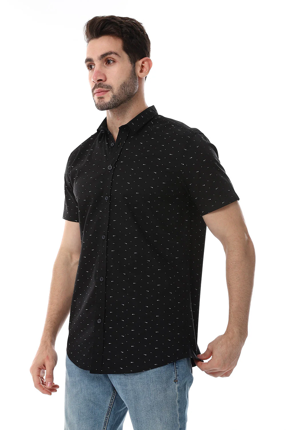 Self Pattern Buttons Down Closure Shirt - Black