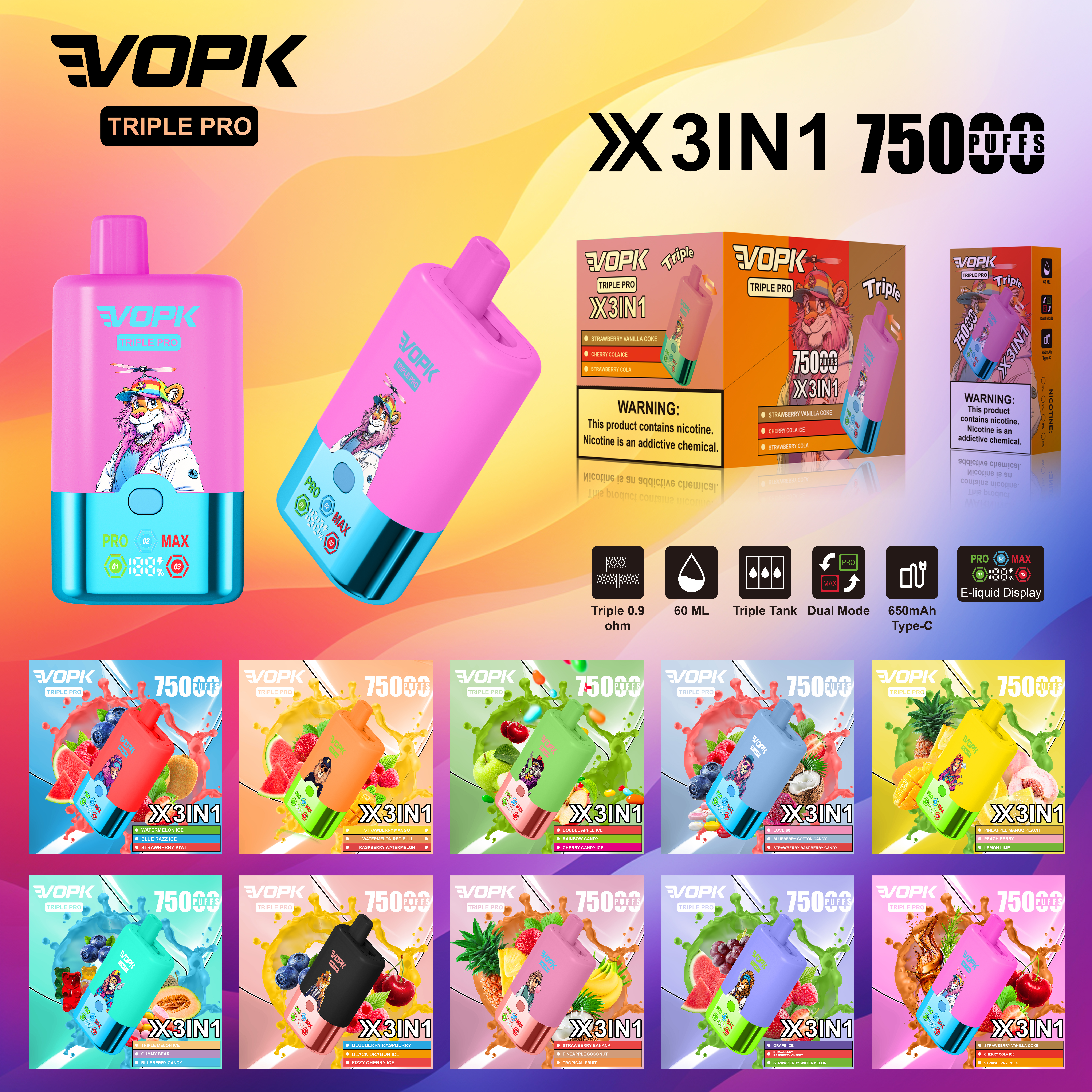 VOPK TRIPL 3in1 With 60,000 Puffs(5% Nicotine Content) - aivonoglobal - 600+ flavors - Wholesale pricing -Tracked delivery