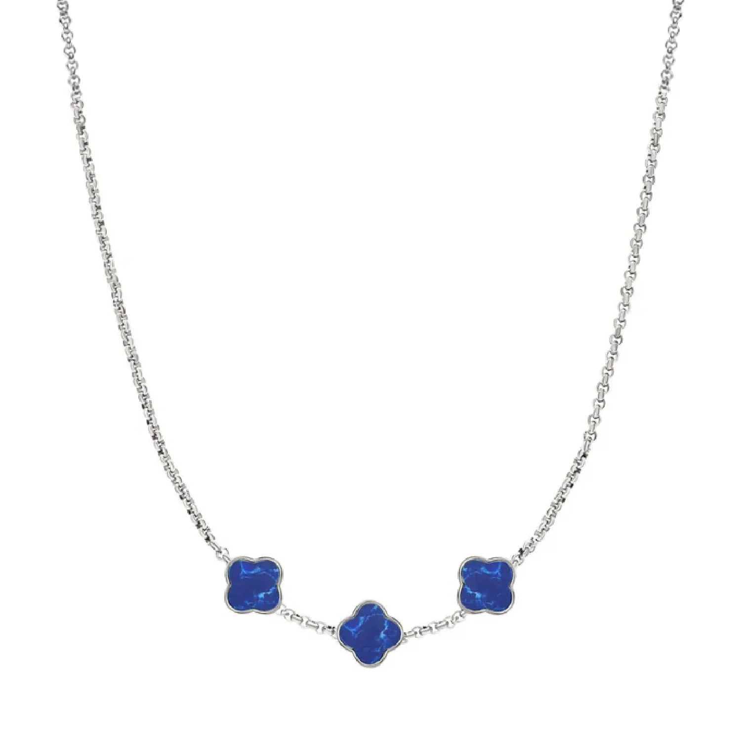 Blue Lace Agate Clover Custom Name Necklace (Silver)