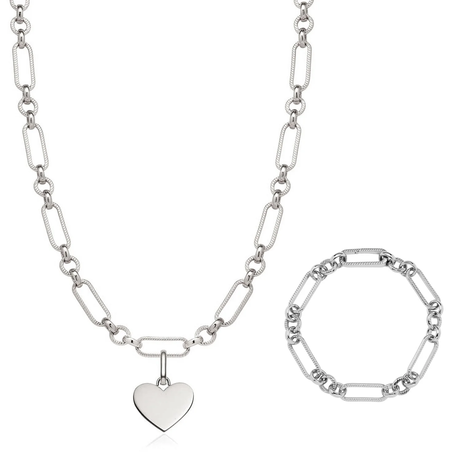 Heart Figaro Chain Necklace & Bracelet Bundle (Silver)