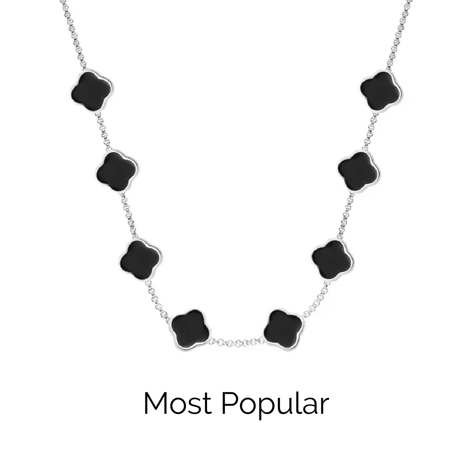 Black Enamel Clover Custom Name Necklace (Silver)