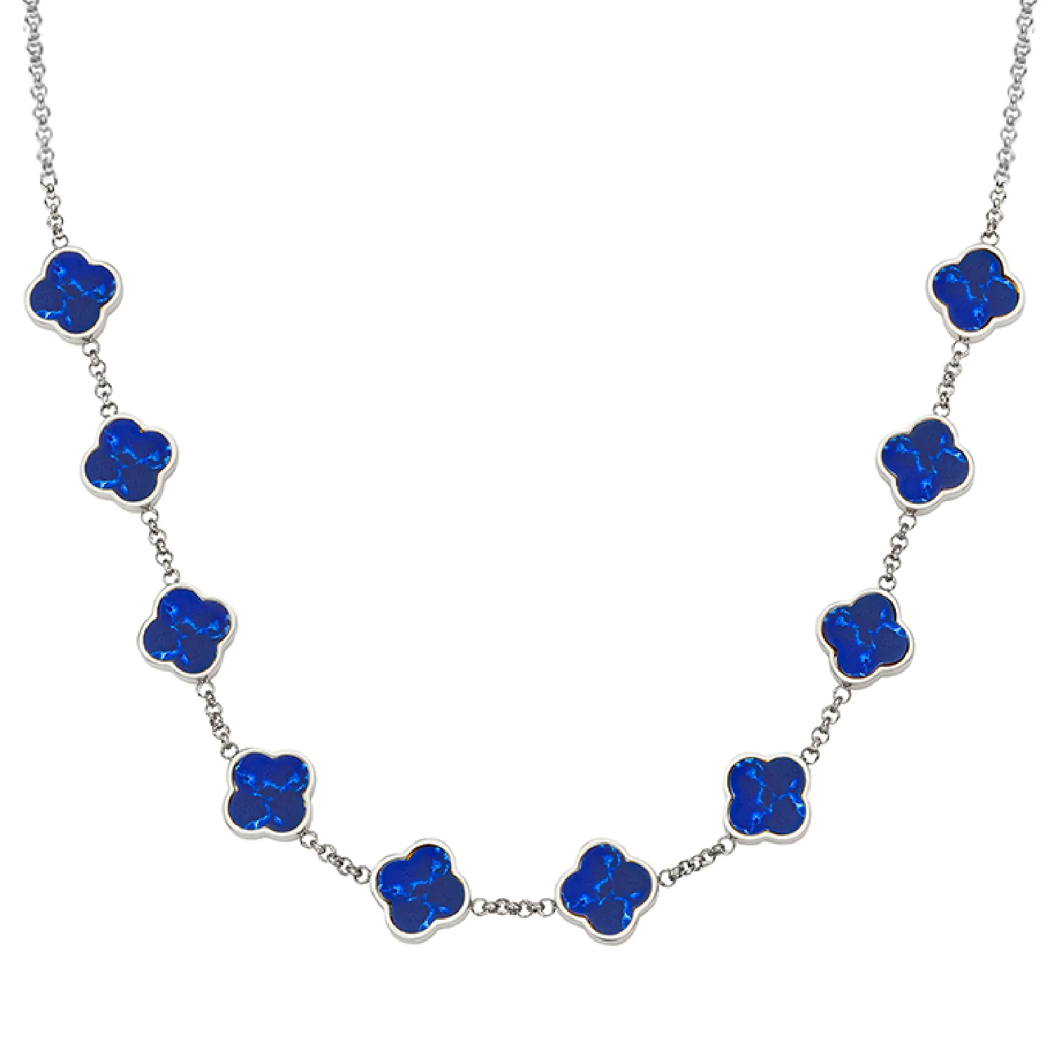 Blue Lace Agate Clover Custom Name Necklace (Silver)